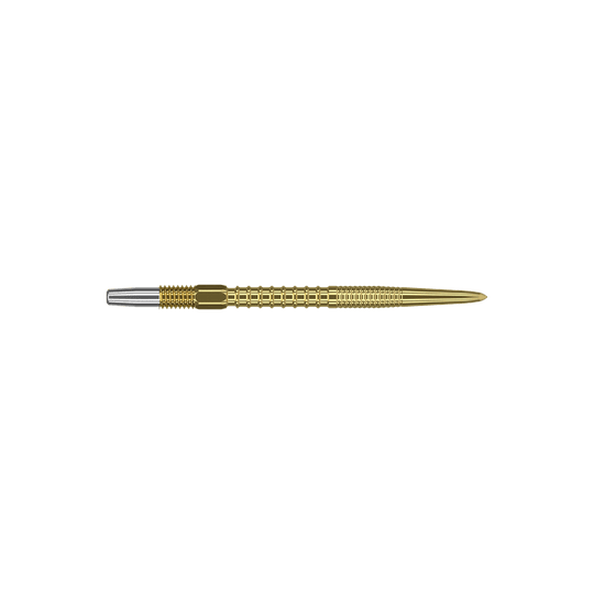 Target Swiss Firepoint Gold dart tips Auf dem Bild ist eine goldene Dartspitze mit einer silbernen Befestigung dargestellt. Die Spitze ist lang, fein gearbeitet und hat eine strukturierte Oberfläche.