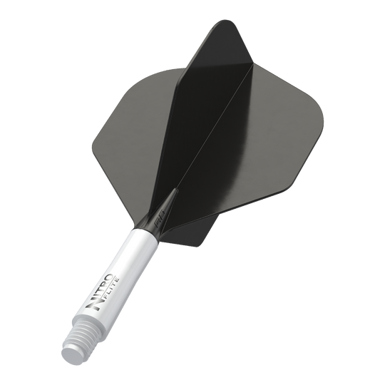 Das Bild zeigt einen schwarzen Dart-Flügel mit einem weißen Schaft. Auf dem Schaft steht der Text "NITRO FLITE".
