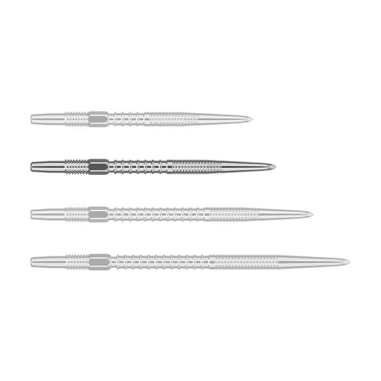 Target Swiss Firepoint Silver dart tips Auf dem Bild sind vier silberne Dartspitzen nebeneinander zu sehen. Sie haben eine geriffelte Oberfläche und sind spitz zulaufend.
