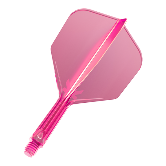 Target K-Flex No6 Flight System - Neon Pink Das Bild zeigt eine neonpinke Dartflügel-Kombination mit integriertem Schaft. Das Material wirkt durchsichtig und hat einen modernen Look.