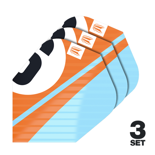 Das Bild zeigt drei Sätze Target Pro Ultra Chicane Orange Ten-X Flights. Die Flights sind orange und hellblau mit einem auffälligen Design.