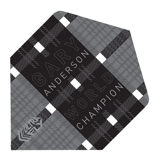 68870-Unicorn-UltraFly-Player-Big-Wing-Gary-Anderson-Black Das Bild zeigt ein schwarzes Dart-Flügel-Design mit einem karierten Muster. Auf dem Flight steht "Gary Anderson World Champion" geschrieben.