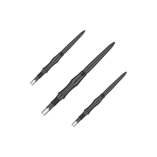 Das Bild zeigt schwarze Dartspitzen mit RST-Design, 30mm, von Target Swiss Point. Die Aufnahme präsentiert die Spitzen als Set.