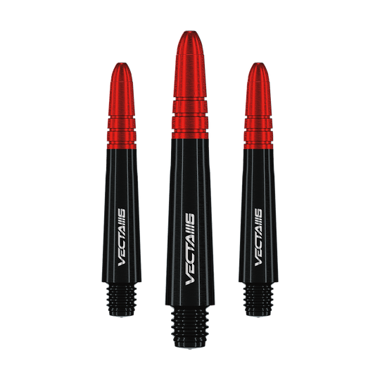 7025_107_Winmau_Vecta_Blade6_Shafts_35mm_1 Das Bild zeigt drei Winmau Vecta Shafts - Blade 6 in Schwarz und Rot. Die Shafts sind schlank designt und haben weiße Schriftzüge.