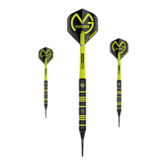 Winmau Michael Van Gerwen MvG Ambition Softdarts - 20 g Das Bild zeigt drei Softdarts des Modells "Winmau Michael Van Gerwen MvG Ambition" mit einem Gewicht von 20 g. Die Darts sind schwarz-gelb gestaltet und tragen das MvG-Logo auf den Flights.