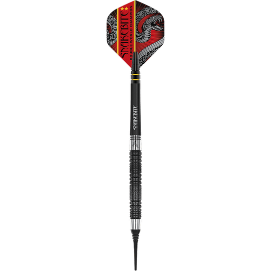 RD2411_Red_Dragon_Peter_Wright_Double_World_Champion_SE_Black_Softdarts_1foRMtx879kjgS Dies ist ein schwarzer Softdart der Marke Red Dragon, Modell "Peter Wright Double World Champion SE" mit 20g Gewicht. Auf dem Flight steht "Snakebite Double World Champion" und es ist ein Schlangenmuster abgebildet.