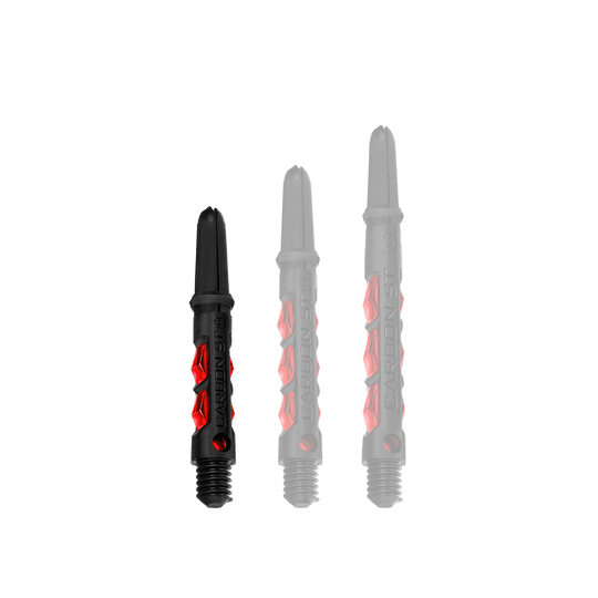 Das Bild zeigt drei Harrows Carbon ST Shafts in der Farbe Rot. Die Dartschäfte sind schwarz mit roten Akzenten und in verschiedenen Längen dargestellt.