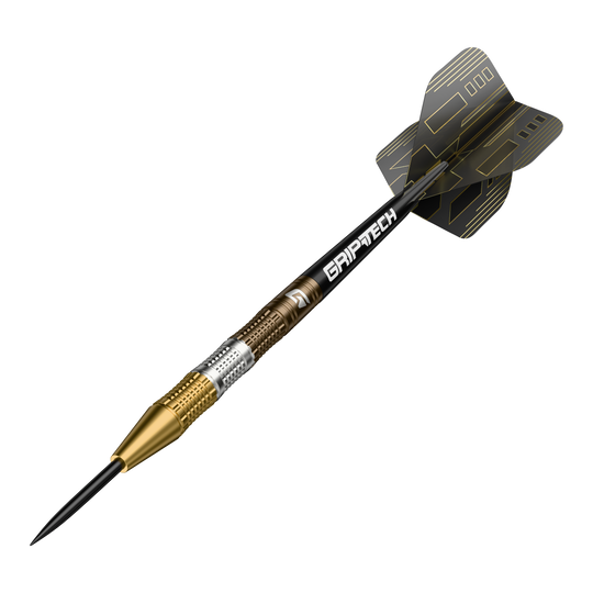 Der GOAT Ceremony Tungsten Steeldart ist ein hochwertiger Dartpfeil mit goldenen und silbernen Elementen. Auf dem Schaft steht das Wort "GRIPTECH" und die Flights sind schwarz mit goldenen Linien gestaltet.