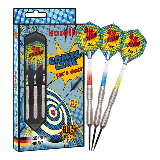 Karella Comic Line CL-3 steel darts - 24g Das Bild zeigt das Produkt Karella Comic Line CL-3 Steeldarts - 24g in voller Länge. Die Steeldarts sind klar zu erkennen.