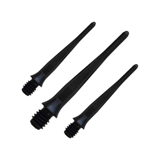 Caliburn 2BA soft dart tips black - pack of 50 Zu sehen ist ein Set der Caliburn 2BA Softdartspitzen Schwarz im 50er Pack. Diese Spitzen bieten zuverlässigen Halt für Dartspieler.
