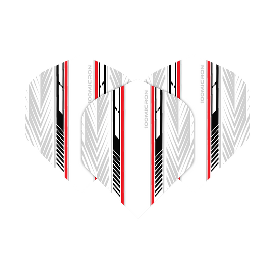 Das Bild zeigt die Pentathlon White Black Red No2 Standard Flights. Die Flights haben ein weißes Grunddesign mit schwarzen und roten Streifen sowie grafischen Mustern.