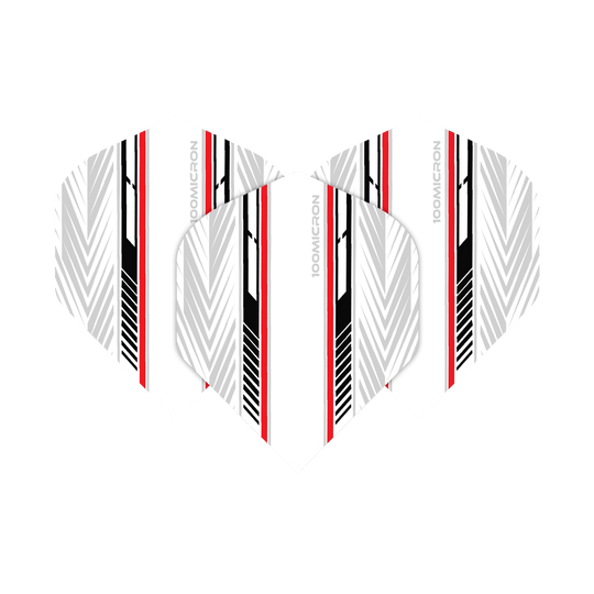 Pentathlon Flights white/black/red Das Bild zeigt die Pentathlon White Black Red No2 Standard Flights. Die Flights haben ein weißes Grunddesign mit schwarzen und roten Streifen sowie grafischen Mustern.