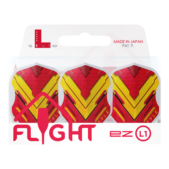 Das Bild zeigt die L-Style V-Series V1 Type A Spain Clear White L1EZ Flights für Dartpfeile. Die Flights haben ein auffälliges rotes und gelbes Design und sind in einer transparenten Verpackung zu sehen.