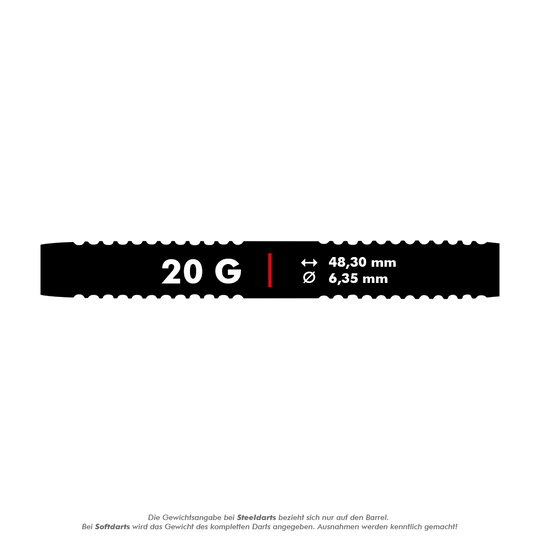 Red Dragon Amberjack 18 soft darts - 20g Das Bild zeigt die Maße und das Gewicht des Produkts "Red Dragon Amberjack 18 Softdarts - 20g". Der Dart wiegt 20 Gramm, ist 48,30 mm lang und hat einen Durchmesser von 6,35 mm.
