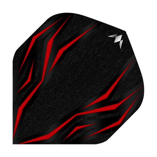 Das Bild zeigt ein schwarzes Dartflight mit roten, flammenartigen Linien. In der oberen rechten Ecke befindet sich ein kleines, silbernes Logo.