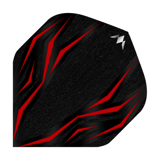 Mission Lava Red No2 Standard Flights Das Bild zeigt ein schwarzes Dartflight mit roten, flammenartigen Linien. In der oberen rechten Ecke befindet sich ein kleines, silbernes Logo.