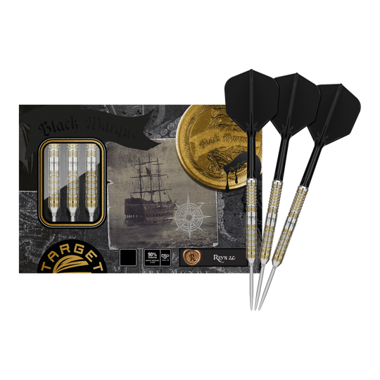 Das Bild zeigt die "Target Japan Black Marque Reyn GEN2 Steeldarts" mit ihrer Verpackung. Drei fertige Darts mit schwarzen Flights sind neben der stilvollen Box abgebildet.