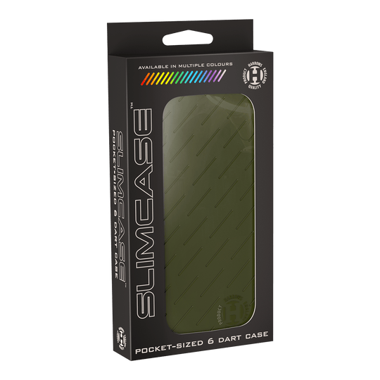 Harrows Slimcase Dart Case Die Abbildung zeigt eine grüne Slimcase Darttasche in ihrer Verpackung. Auf der Verpackung steht "Pocket-sized 6 Dart Case" und sie ist in mehreren Farben erhältlich.