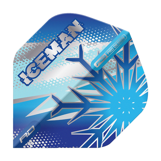 Das Bild zeigt ein Dart-Flight mit frostigem, blauem Design und einer großen Schneeflocke. Auf dem Flight steht das Wort "ICEMAN" in auffälligen Lettern.