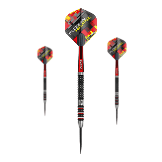 Winmau Florian Hempel steel darts Auf dem Bild sind drei Steeldarts mit schwarzer, roter und silberner Farbgebung zu sehen. Auf den Flights steht der Name "Florian Hempel" sowie das Logo von Winmau.