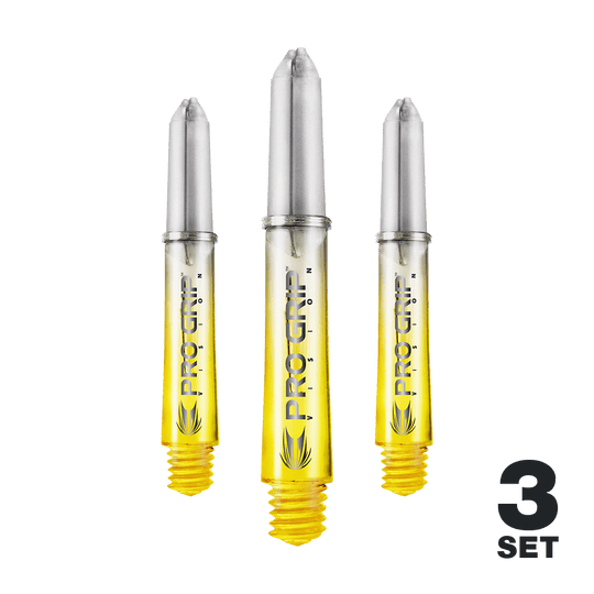 Auf dem Bild sind drei gelbe Pro Grip Vision Shafts für Darts zu sehen. Unten rechts steht, dass es sich um ein 3er-Set handelt.