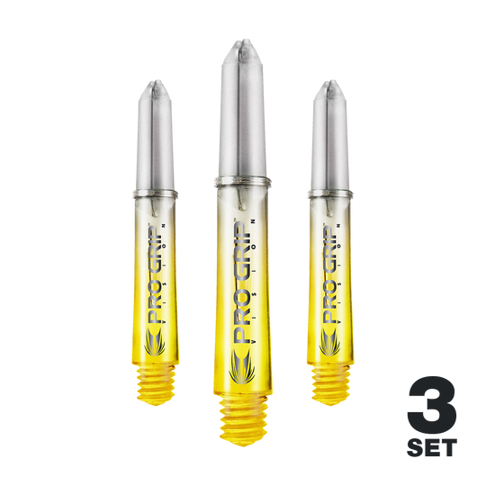 Target Pro Grip Vision Shafts - 3 Sets - Yellow Auf dem Bild sind drei gelbe Pro Grip Vision Shafts für Darts zu sehen. Unten rechts steht, dass es sich um ein 3er-Set handelt.