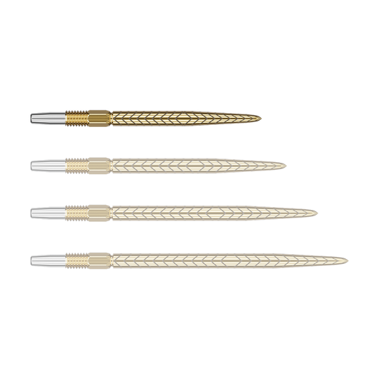 Target Swiss Point RVE dart tips - Gold Auf dem Bild sind vier goldfarbene Dartspitzen mit silbernem Gewinde zu sehen. Sie liegen nebeneinander und haben ein feines Muster auf der Oberfläche.