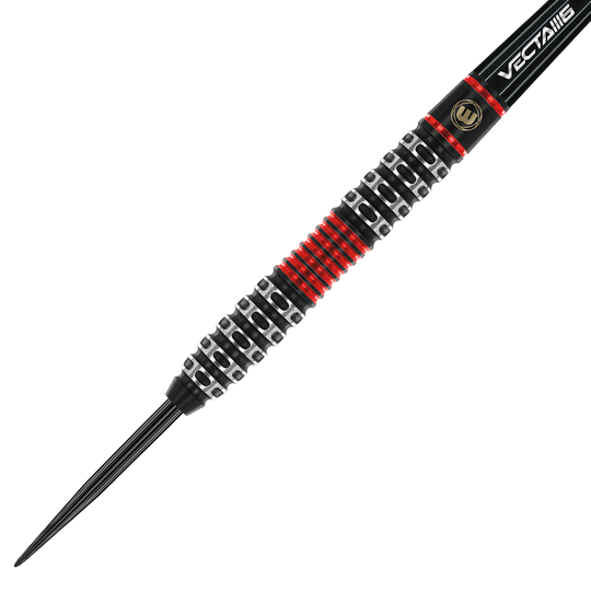 1470_Winmau_Joe_Cullen_Special_Edition_Steeldarts_2 Dies ist ein spezieller Steeldart aus der Joe Cullen Special Edition von Winmau. Der Dart hat ein auffälliges Design mit schwarzen, silbernen und roten Akzenten am Griff.