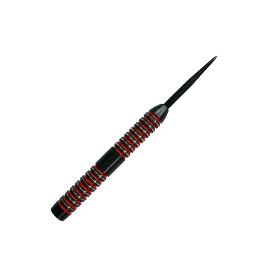 McDart Crimson Steeldart Barrels Das Bild zeigt einen McDart Crimson Steeldart Barrel. Der Barrel ist schwarz mit auffälligen roten Ringen und hat ein gerilltes Design für besseren Halt.