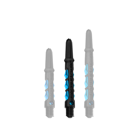 HR411_Harrows_Carbon_ST_Shafts_Aqua_40mm_1 Das Bild zeigt drei schwarze Harrows Carbon ST Shafts mit blauen Akzenten in der Farbe Aqua. Die Schäfte sind in unterschiedlichen Längen angeordnet und haben den Schriftzug "CARBON ST" aufgedruckt.