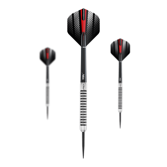 Dieses Bild zeigt die Red Dragon Flightmaster Fury 2 Steeldarts mit 25g Gewicht. Die Steeldarts sind ideal für präzises Dartspiel geeignet.