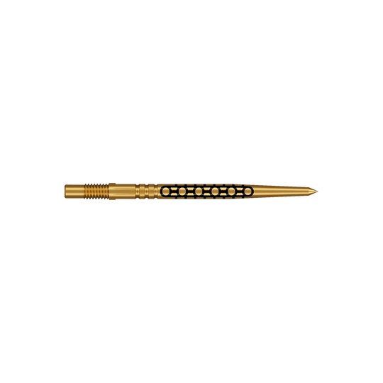 Shot Turbo Point Goths Dart Tips - Gold Zwei kurze Dartspitzen in glänzender Goldfarbe werden dargestellt. Sie haben ein feines, geriffeltes Design.
