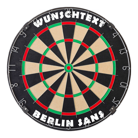 Das Bild zeigt ein Dartboard mit silbernem Ring und BerlinSans-Schrift. Die Datei heißt 'MCDB_Dartboard_mit_Wunschtext_TraditionellerRingSilber_1_BerlinSans'.
