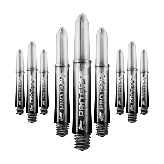 Target Pro Grip Vision Shafts - 3 Sets - Black Auf dem Bild sind mehrere schwarze Dartschäfte der Marke "Pro Grip Vision" zu sehen. Sie sind in einer Reihe angeordnet und haben eine glänzende Oberfläche.