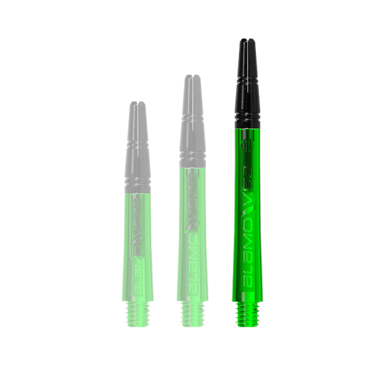 Harrows Alamo VS2 Shafts - Green Einer der Dart-Schäfte wird auf schlichter Oberfläche separat gezeigt. Der Schaft ist gleichmäßig geformt.