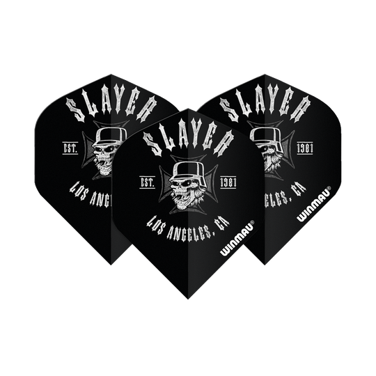 6905-222_Winmau_Rockstar_Legends_Slayer_LA_Standard_Flights_1sIapimbDef1fB Das Bild zeigt drei schwarze Darts-Flights mit dem Aufdruck "SLAYER" und einem Totenkopf mit Zylinder. Darunter stehen die Schriftzüge "LOS ANGELES, CA", "EST. 1981" und "Winmau".