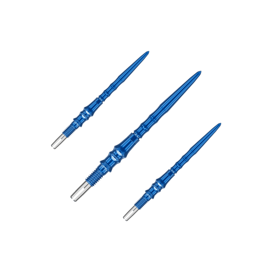 Target Japan Premium Swiss Point Dart Tips - Blue Auf dem Bild ist ein Set von blauen Dartspitzen zu sehen. Die Spitzen sind jeweils 30 mm lang.