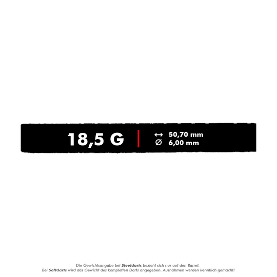 Das Bild zeigt die Produktspezifikationen der McDart 85er Tungsten V24 Softdarts mit einem Gewicht von 18,5 g. Die Darts sind 50,70 mm lang und haben einen Durchmesser von 6,00 mm.