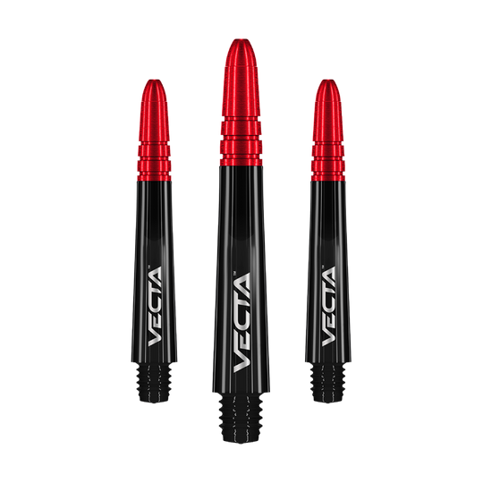 Das Bild zeigt drei schwarze und rote Dartschäfte mit der Aufschrift "VECTA". Sie stehen aufrecht nebeneinander vor einem transparenten Hintergrund.