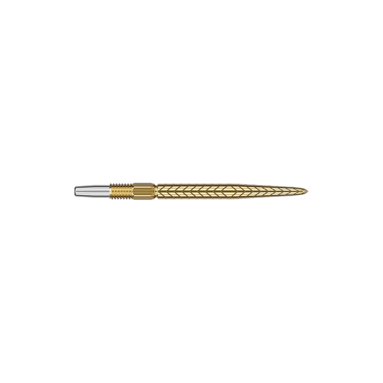Target Swiss Point RVE dart tips - Gold Auf dem Bild ist eine goldfarbene Dartspitze mit einem Muster zu sehen. Der vordere Teil der Spitze ist silberfarben.