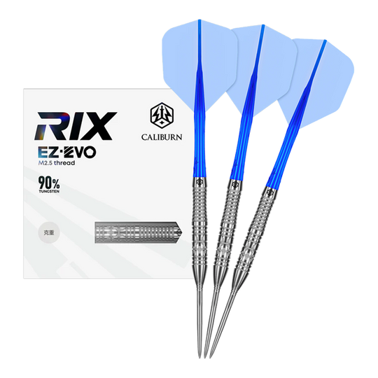 Caliburn Rix EZ-EVO R2 steel darts Hier wird das Produkt Caliburn Rix EZ-EVO R2 Steeldarts vollständig präsentiert. Die Darts sind komplett zu sehen.