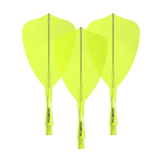 Das Winmau Fusion Flight Shaft System Arrow Neon Yellow 22mm Set ist auf dem Bild zu sehen. Es besteht aus gelben Dart-Flights und -Schäften.