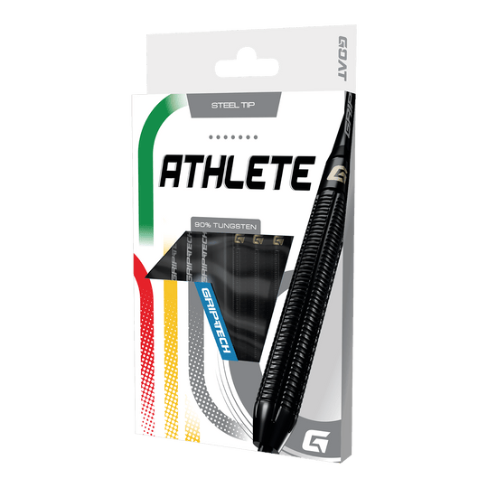 GOAT Athlete Black Tungsten Steel Darts Das Produkt GOAT Athlete Black Tungsten Steeldarts wird gezeigt. Die Darts sind für professionelle Spieler geeignet und in Schwarz gehalten.