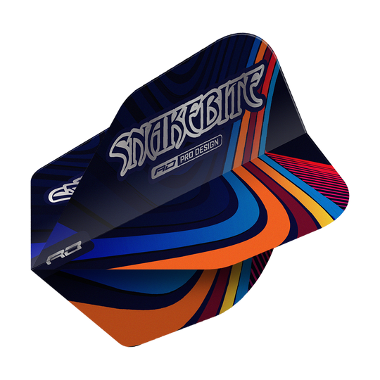 Red Dragon Peter Wright Snakebite Multi Swirl No6 Flights Das Bild zeigt ein Dartflight mit dem Namen "Red Dragon Peter Wright Snakebite Multi Swirl No6 Flights". Das Flight-Design ist bunt mit geschwungenen Linien in Blau, Orange, Rot und Gelb, und trägt die Aufschrift "Snakebite".
