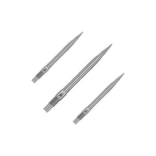 Eine Verpackung mit mehreren Harrows Quick Point MicroRidge Dartspitzen in Silber mit 26 mm Länge ist abgebildet. Die Dartspitzen sind zur besseren Ansicht gruppiert.