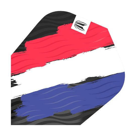 Das Bild zeigt ein Dart-Flight mit den Farben der niederländischen Flagge in einem Pinselstrich-Design. Oben rechts befindet sich ein kleines weißes Quadrat mit einem schwarzen Logo.