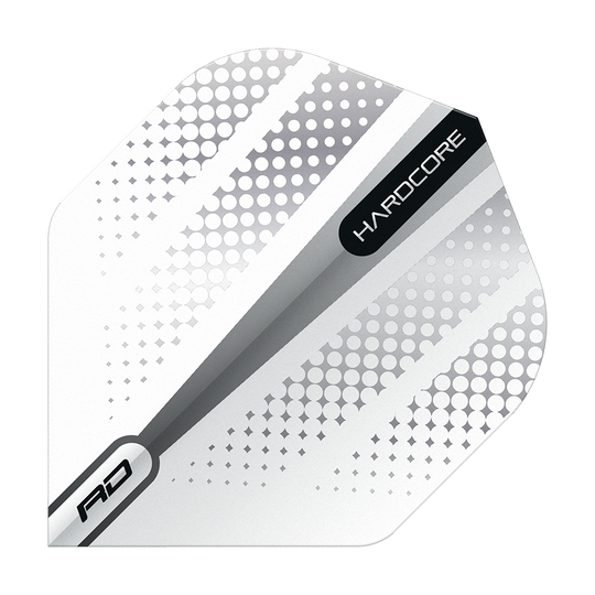 TF6506_Red_Dragon_Hardcore_Radical_Silver_Flash_Standard_Flights_1QEnlST553bTUF Das Bild zeigt einen Red Dragon Hardcore Radical Silver Flash Standard Flight für Darts. Das Design ist überwiegend weiß mit silbernen und grauen Punkten sowie den Aufschriften "HARDCORE" und "RD".