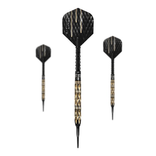Harrows Imperial Diamond Softdarts Das Bild zeigt drei Harrows Imperial Diamond Softdarts mit schwarzem und goldfarbenem Design. Die Darts haben eine strukturierte Oberfläche und schwarze Flights.