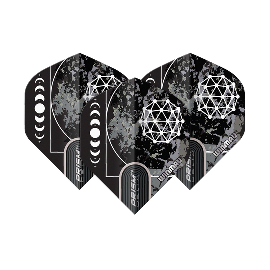 Das Bild zeigt die Winmau Prism Delta Callisto No2 Standard Flights. Sie sind schwarz mit einem geometrischen weißen Muster und einer Mondphasen-Grafik gestaltet.