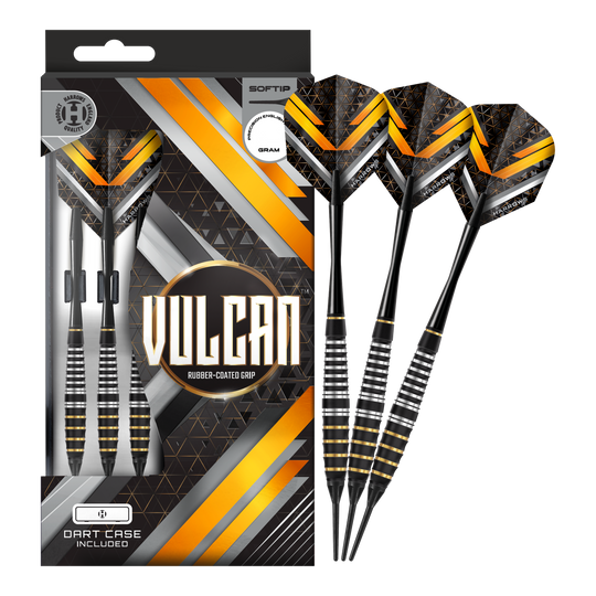 Dieses Bild stellt die Harrows Vulcan Softdarts vollständig dar. Sie bieten sowohl Anfängern als auch Profis optimale Spieleigenschaften.